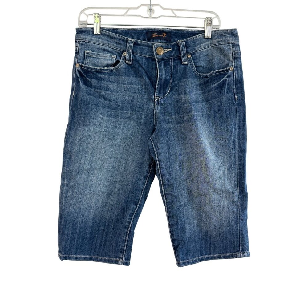 Seven7 Bermuda Denim Shorts Size 8 Women’s Mid-Rise Embroidered Back Pockets Blu